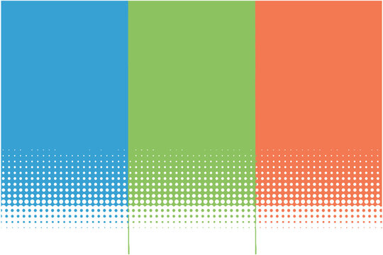 Abstract background with three vertical panels in blue, green, and orange colors with a halftone dot gradient pattern at the bottom