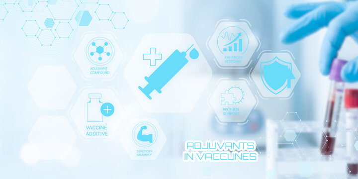 Modern scientific illustration depicting adjuvants in vaccines with syringe vaccine components and molecular icons