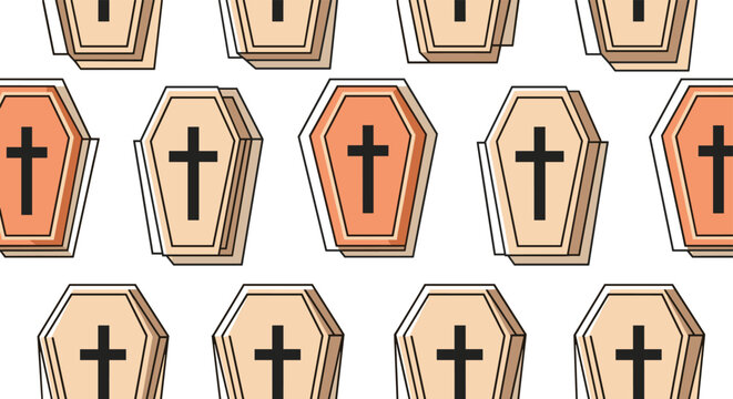 Endless pattern of wooden coffins with black crosses on top is arranged in rows for a funeral or cemetery theme.