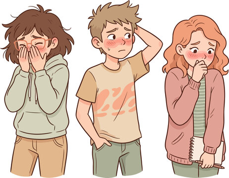 Three teenagers feeling shy and embarrassed with blushing red cheeks.
