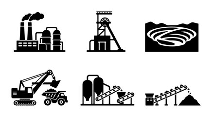 Industrial Mining Icons Set, Heavy Machinery & Extraction Equipment Vector Graphics, Coal Processing Plant & Quarry Operations Symbols © Towhidul