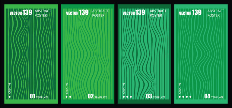 Set of four green abstract rectangular panels with wavy lines and geometric patterns.
