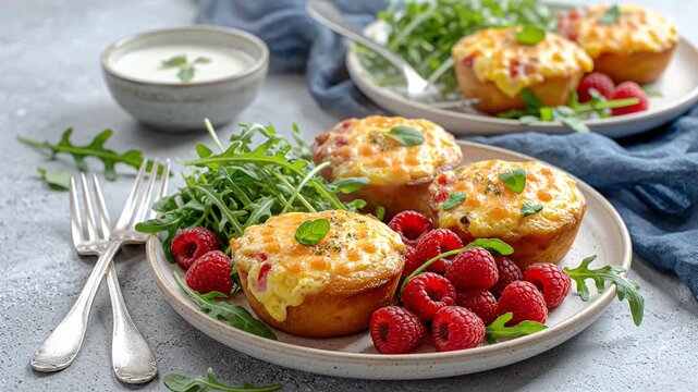 Delicious baked breakfast muffins with fresh raspberries and arugula on plates
