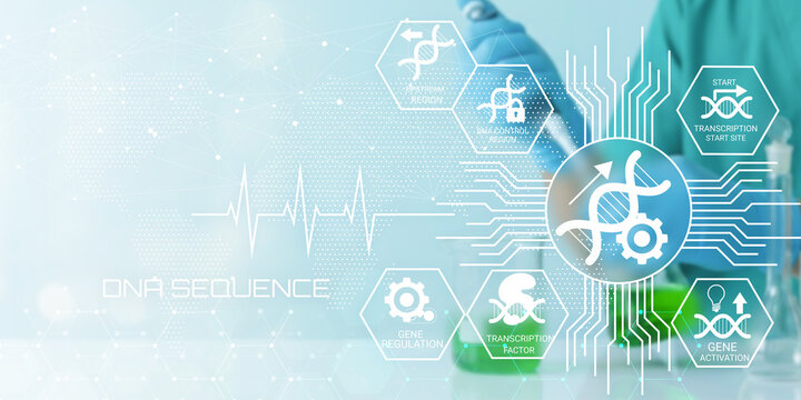 Scientist analyzing DNA sequence and gene editing process with futuristic technology and molecular biology icons