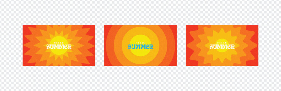 Set of summer sale banners with retro sunburst backgrounds, colorful promotional vector templates