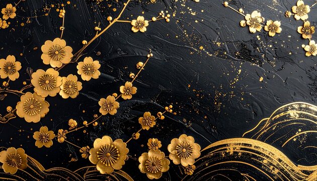 黒漆に金の蒔絵梅文様の高級テクスチャ 日本の伝統工芸背景素材
Black lacquer maki-e texture with gold plum blossom pattern Japanese luxury background