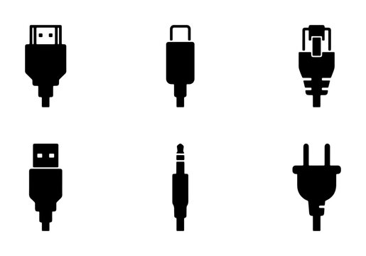 Set of 6 Black Vector Icons: HDMI, USB-C, Ethernet, USB, Audio Jack, Power Plug. Technology Connection Symbols for Digital Interfaces and Electronics.