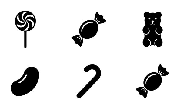 Six Black Silhouette Candy Icons: Lollipop, Gummy Bear, Jelly Bean, Candy Cane, Wrapped Sweets. Vector Set for Sweet Treats and Confectionery Design.