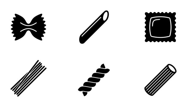 Six Black Silhouette Pasta Icons, Vector Food Shapes for Culinary Design, Italian Cuisine Ingredients Collection