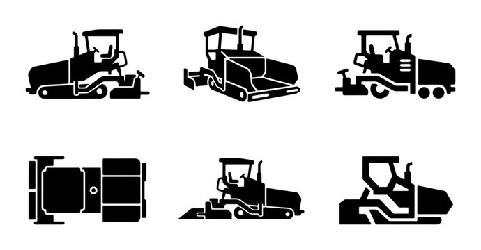 Road Paver Machine Icons, Asphalt Compactor Vector Set, Construction Equipment Silhouettes for Industry and Infrastructure Projects