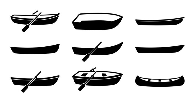 Set of 9 Diverse Boat Silhouettes, Vector Icons for Water Travel and Nautical Themes, Simple Black and White Nautical Vessels
