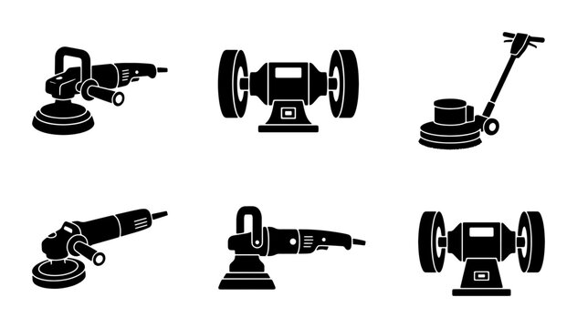 Industrial Grinding and Polishing Tools Set: Angle Grinder, Bench Grinder, Floor Buffer Icons, Vector Graphics for Manufacturing and Construction