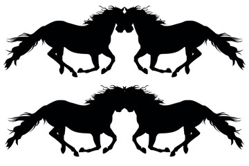 A black silhouette illustration of a wild stallion and mustang horses running in a gallop across a nature farm, featuring a vector outline design of the animal's mane and tail for equestrian art © VECTOR  STOCK