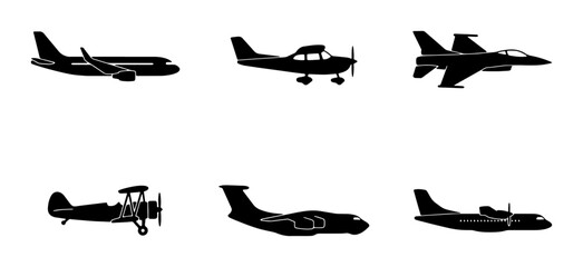 Diverse Aircraft Silhouettes: Commercial Jet, Propeller Plane, Fighter Jet, Biplane, Cargo Aircraft, Turboprop Collection © Lamiya