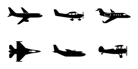 Diverse Aircraft Silhouettes Collection: Commercial Jets, Private Planes, Fighter Jets, Biplanes, and Propeller Aircraft Icons © Lamiya