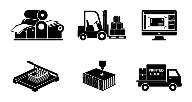 Printing Industry Icons Set: Offset Press, Forklift, Computer Monitor, Paper Cutter, Inkjet Printer, Delivery Truck, Graphic Design, Logistics, Manufacturing, Production