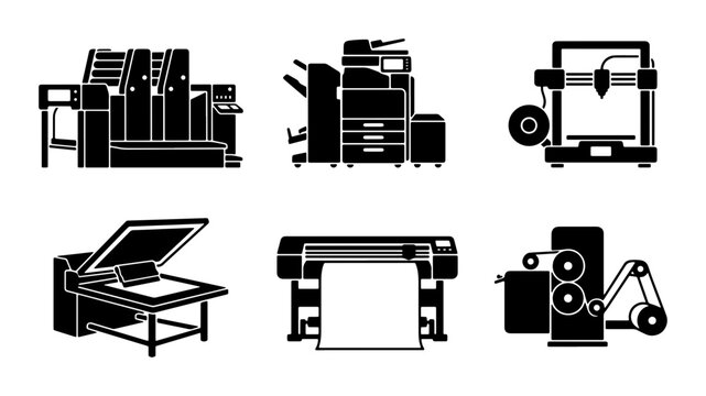 Industrial Printing Equipment Icons, Manufacturing Machines, 3D Printer, Offset Press, Plotter, Copy Machine, Vector Graphics Set