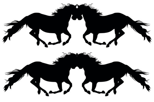 A black silhouette illustration of a wild stallion and mustang horses running in a gallop across a nature farm, featuring a vector outline design of the animal's mane and tail for equestrian art