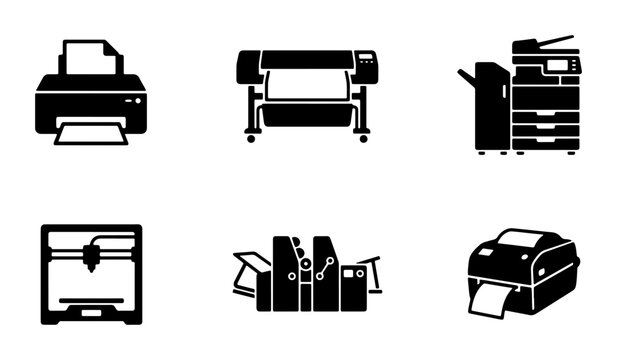 Printing Equipment Icons Set: Laser Printer, Large Format Printer, Copier, 3D Printer, Offset Press, Inkjet Printer, Digital Graphics