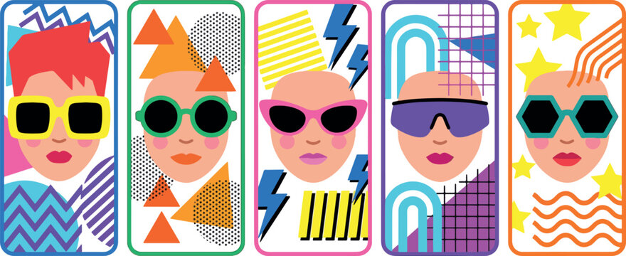Vibrant retro collage illustration featuring five distinct vintage-style visual segments with colorful graphic elements, geometric patterns, and nostalgic 80s or 90s aesthetic themes.