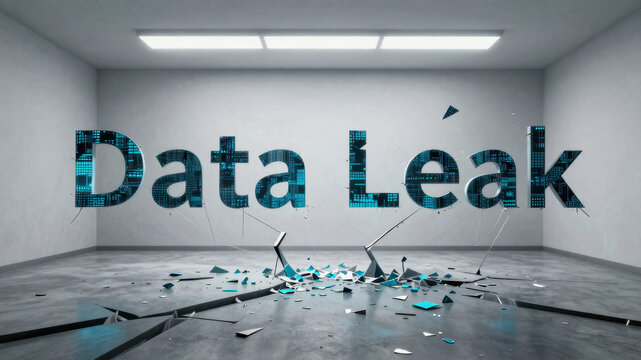 Minimal industrial room with shattered typography symbolizing catastrophic information exposure and compromised digital security systems