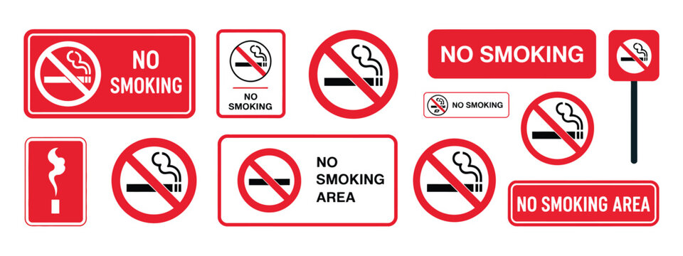 No smoking signs featuring cigarette, electronic cigarette, and smoke symbols for public place restriction notices.