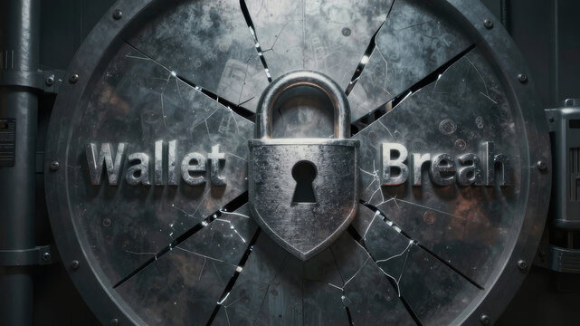 Massive metallic vault door with fractured typography illustrating compromised digital wallets and catastrophic financial security failure