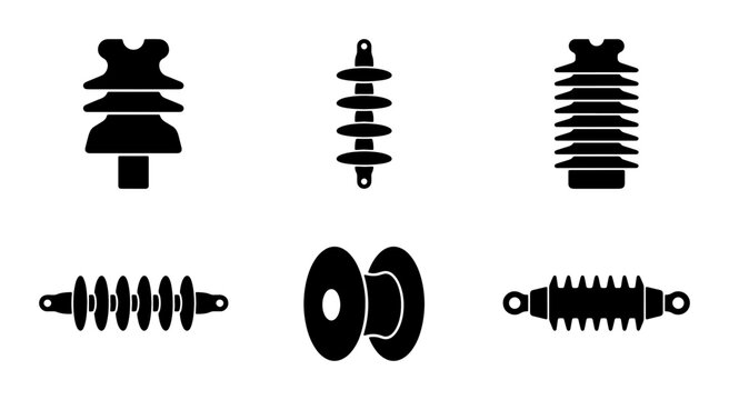 Electrical Insulator Icons, High Voltage Ceramic and Porcelain Components, Power Line Ceramic Bushing Vector Set