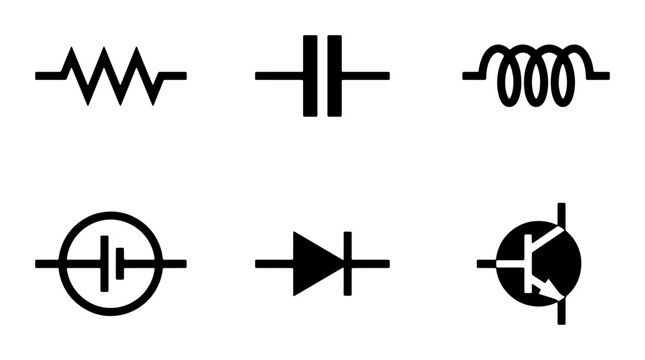 Electronic Component Symbols Vector Set: Resistor, Capacitor, Inductor, Battery, Diode, Transistor Icons for Circuit Diagrams and Technology Design