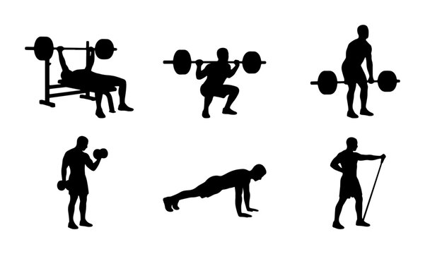 Fitness Silhouette Icons, Weightlifting and Bodyweight Exercise Set, Gym Workout Vector Graphics for Health and Sports Concepts