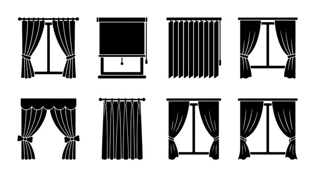 Window Treatments Vector Icons Set, Drapery and Blinds Collection, Interior Design Elements, Black Silhouette Graphics for Home Decor