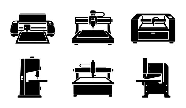 Industrial Cutting Machines Vector Icons Set, CNC Router, Laser Cutter, Vinyl Cutter, Bandsaw, Guillotine Shear, Manufacturing Equipment, Workshop Tools