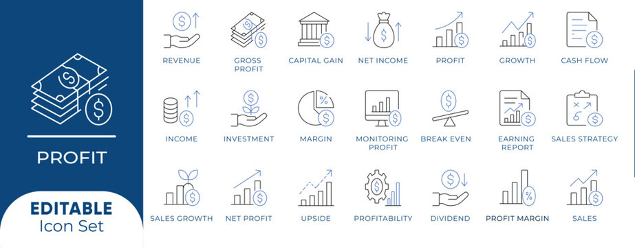 Profit and financial growth icon set featuring capital gain, net income, revenue margin, dividend earnings, cash flow, and profitability .