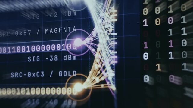 Futuristic tech interface showing three-stream data transmission and binary matrix