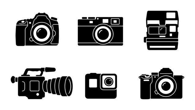 Vector Camera Icons Set: DSLR, Film, Instant, Camcorder, Action Camera, Mirrorless, Photography Equipment Collection