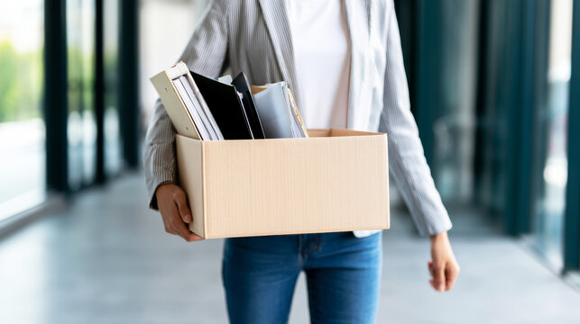 Person holding cardboard box with office items leaving workplace, concept of resignation, job loss, and career change