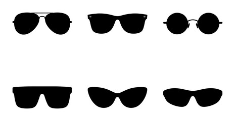 Six Black Silhouette Sunglasses Styles, Vector Icons Set, Modern Eyewear Shapes for Fashion and Summer Themes © Ahsan