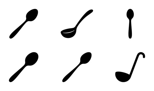 Six Black Spoon Silhouettes, Kitchen Utensil Icons, Culinary Tools Vector Set, Cooking and Serving Elements