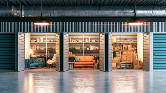Row of storage units with doors open, showing beautifully arranged furniture, boxes, and home items inside