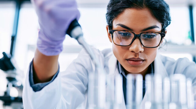 Focused scientist working in a bright modern laboratory, accurately carrying out a chemical experiment using a pipette and test tubes