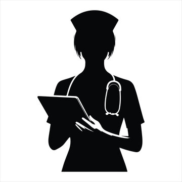 Nurse on Rounds with Tablet, corridor vector silhouette line art logo design concept illustration idea