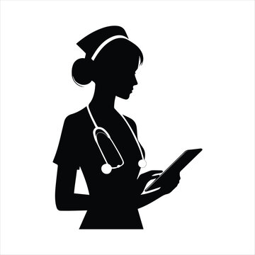 Nurse on Rounds with Tablet, corridor vector silhouette line art logo design concept illustration idea