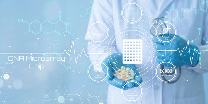 Scientist holding DNA microarray chip with advanced genetic testing technology and molecular biology elements