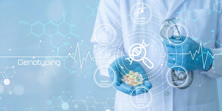 Scientist holding DNA strand with futuristic genotyping technology and medical research elements displayed digitally