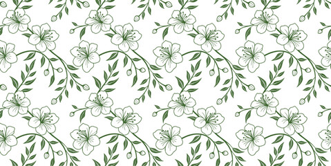 Seamless floral vine pattern with delicate blossoms and elegant green leafy swirls. Decorative botanical background for wallpaper, fabric, textile, wrapping paper, and surface print design. Hand drawn © Khadiza
