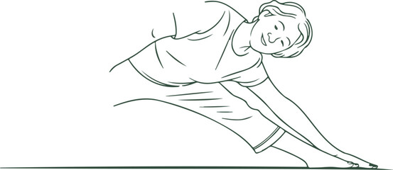 Obraz premium Minimalist line art illustration of person performing extended side angle yoga pose with calm expression.
