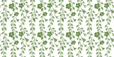 Seamless hanging vine pattern with delicate green leaves and elegant botanical strands. Decorative nature background for wallpaper, fabric, textile, wrapping paper, and surface print design. Minimal h © Khadiza