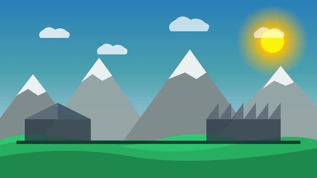 Gray industrial factory with tall smokestacks emitting orange smoke stands on green field in front of snow-capped mountains under sunny blue sky with clouds.