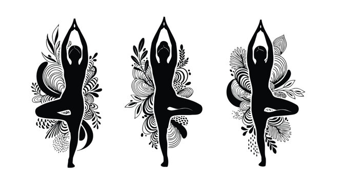 Yoga tree pose silhouette set with intricate floral organic pattern vector with intricate floral organic pattern vector