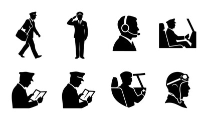 Pilot and Aviator Icons Set, Aviation Professionals Silhouette Collection, Flight Crew and Air Traffic Control Symbols, Vector Graphics for Transportation and Travel Concepts © Rahim